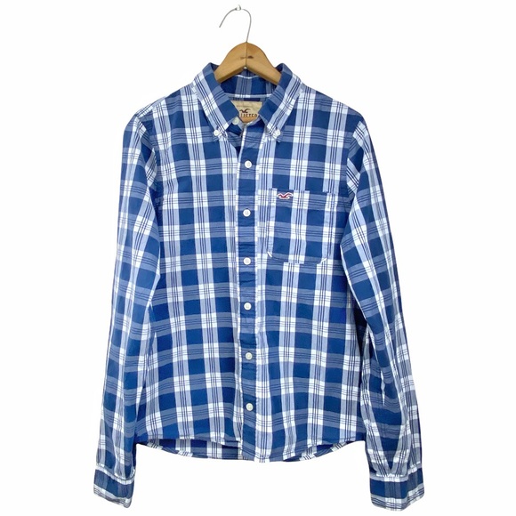 Hollister Blue Plaid Long Sleeve Button Down Collared Pocket Dress Shirt Men’s M - Picture 10 of 15